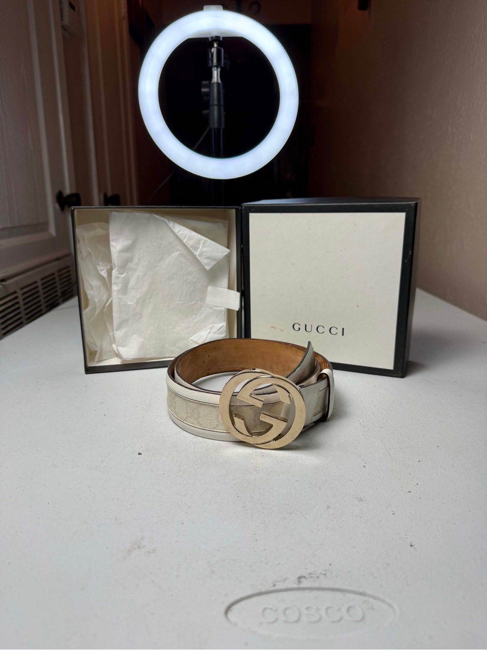 Used Gucci White Leather With Canvas Monogram Double G Belt